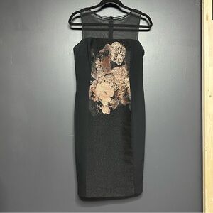 NWOT Teri Jon Rickie Freeman Mesh Floral Metallic Panel Sheath Dress 6